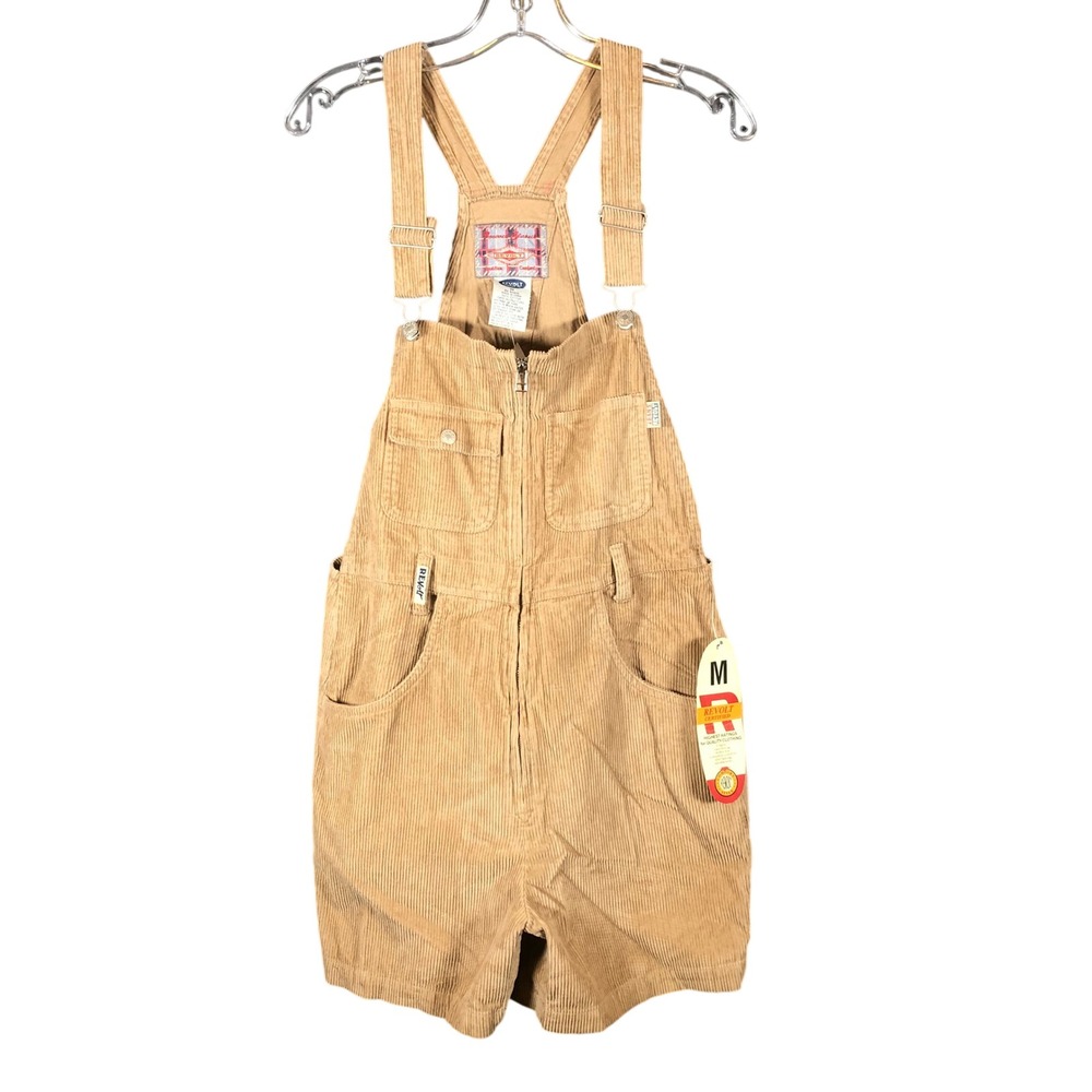 Vintage Revolt Womens M Tan Corduroy Shortalls Zip Front Overalls‎